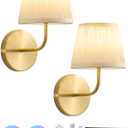 Rechargeable Wall Sconces Set of 2 - 5200mAh Cordless Battery Operated Wall Sconce - Fabric Lamp Shade - Gold Brass LED Light Fixture with Remote for Bedroom Bedside Living Room Stairway Hallway Porch