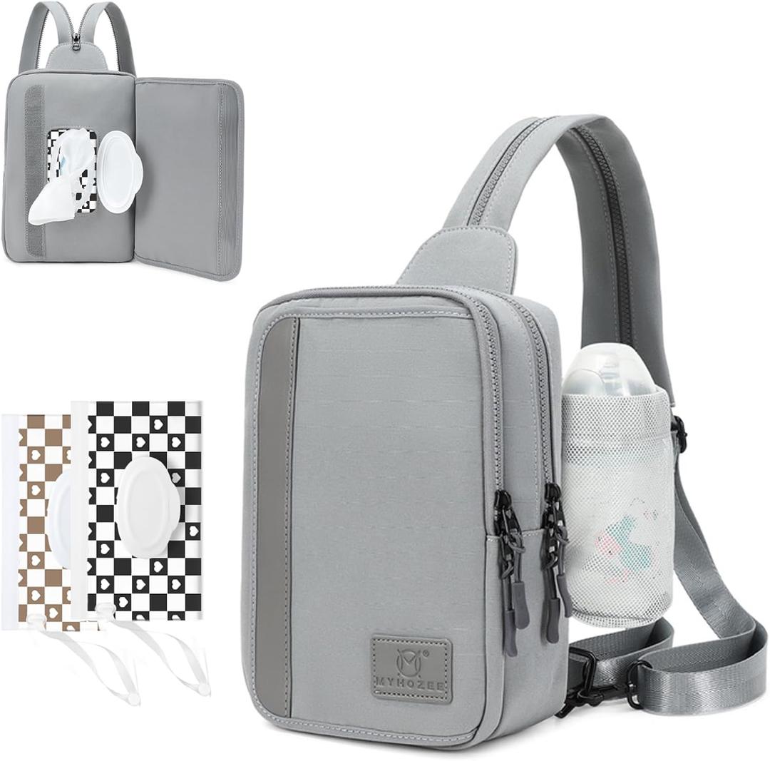 MYHOZEE Sling Bag Crossbody Backpack Purse - 2 in 1 Nylon Cross Body Bag Diaper with Wipes Pouch, Water Bottle Pocket (Grey)