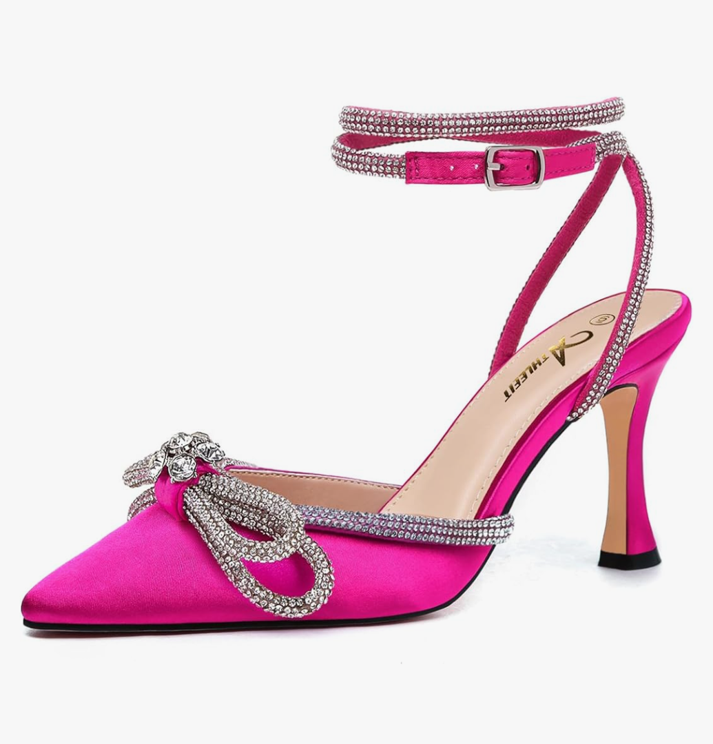 Athlefit Women's Rhinestone Bow Heels Ankle Strap Pointed Toe Stiletto Heeled Sandals Wedding Bridal Dress Pumps Shoes, Size 7