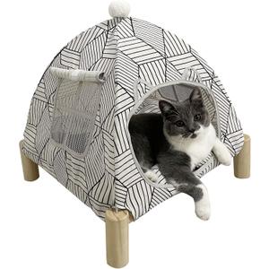 Pozico 2-in-1 Cat Bed Tent with Wooden Frame Cat Teepee & Hammock, Portable Indoor/Outdoor Pet Tent for Cats, Kittens, Small Dogs, and Small Animals Quick Assembly, White Diamond Design