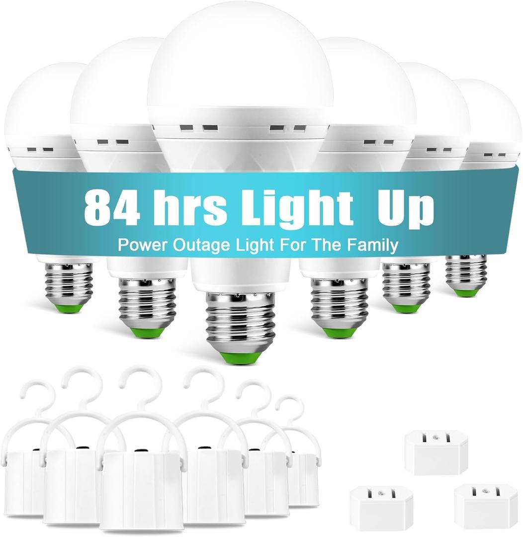 6 Pack Rechargeable Emergency Light Bulbs, Battery Powered LED Light Bulb 6000K Daylight E26 12W 60W Equivalent with 1500mAh for Home Power Outage Camping Hiking(6 Bulbs, 6 Hooks,3 Plug Caps)