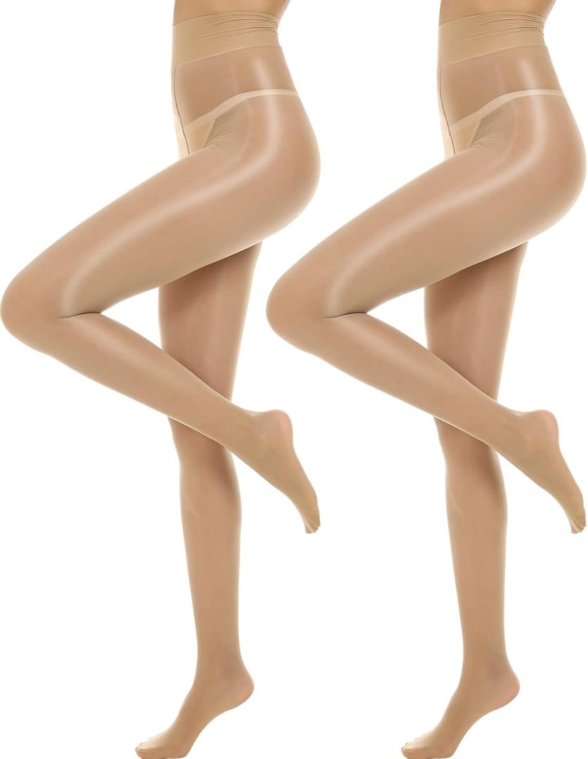 MANZI Shiny Pantyhose for Women 2 Pairs Shimmer Sheer Tights Ultra Silky (Large-X-Large, Natural Nude)