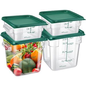 Barydat 4 Pcs Food Storage Container with Lids Set 2qt and 4qt Square Clear Commercial Containers with Scales Handles for Home Restaurant Kitchen Food Storage, Proof Dough, Marinating Meat (Green)