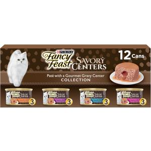 Purina Fancy Feast Savory Centers Wet Cat Food Pate Variety Pack With Chicken, Salmon, Beef, and Tuna Pate with Gravy Center - (2 Packs of 12) 3 oz. Pull-Top Cans (EXP 02/29/28)