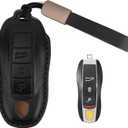 Leather Key Fob Cover with Keychain for Porsche Panamera, Macan, Cayenne, 911, and 718 Smart Key (3-Button) (Black)