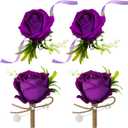 Aoriher 4 Pcs Wedding Party Corsage and Boutonniere Set, 2 Rose Wrist Corsage Wristlet Band for Prom Bridesmaid Bride Decor and 2 Groom Men Boutonniere(Purple)