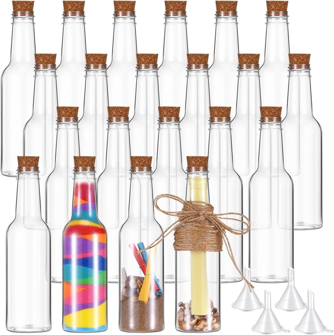 Tanlade Set of 20 5.6oz Plastic Sand Art Bottles with Cork Stoppers Wish Message Bottle Containers Clear Potion Bottles with Plastic Funnels for DIY Craft Wedding Birthday Party