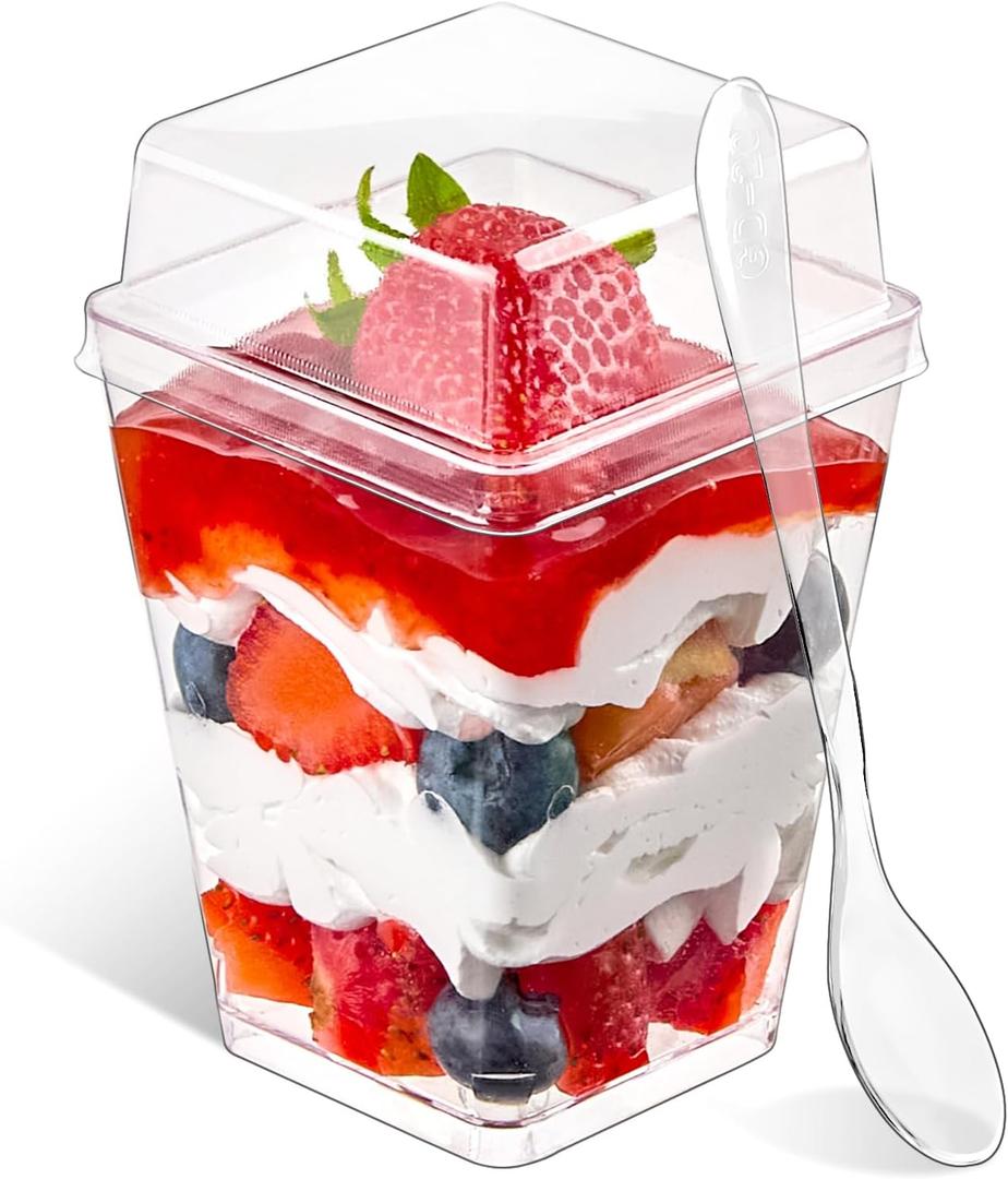 Qeirudu 50 Pack 5 oz Dessert Cups with High Lids and Spoons, Mini Plastic Yogurt Parfait Cups Square Party Serving Cup for Pudding, Appetizer, Fruit and Ice Cream
