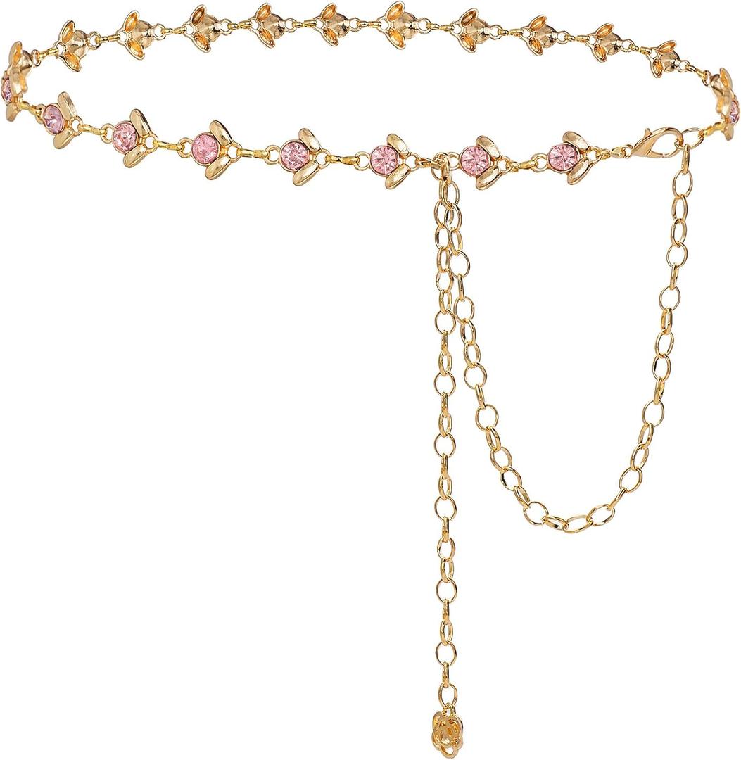 Glamorstar Chain Belt for Women Rhinestone Crystal Waist Belts for Dress Gift (Medium(120cm/47.2in), Gold Pink)