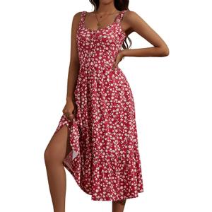 GUBERRY Summer Dresses for Women Midi Sleeveless Elastic Straps Square Neck A Line Casual Sundress for Women (Red, S)