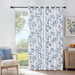 Beauoop Floral 100% Blackout Curtains 84 Inch Length 1 Panel for Patio Sliding Door Extra Wide Navy Blue Flower Patterned Divider Room Darkening Thermal Soundproof Grommet Window Drapes, 100x84, 1 set