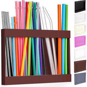 Qinyoung Acrylic Straw Holder for Cabinet Door with Double Sided Adhesive Tape Reusable Straw Organizer Tumbler Storage Kitchen Accessories Container for Counter Cupboard(Classic,Large,Brown)
