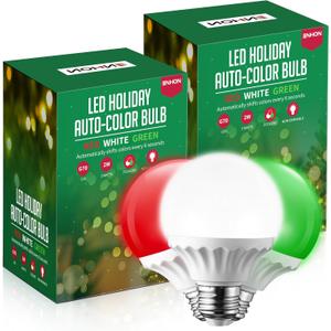 Enhon 2W LED Globe Bulb, Automatic Color Changing Red/Green/White Every 6s, G70 E26 Base, Energy-Saving Decorative Light for Christmas, Holiday Party, Porch, Indoor & Outdoor Decor (2 Pack)