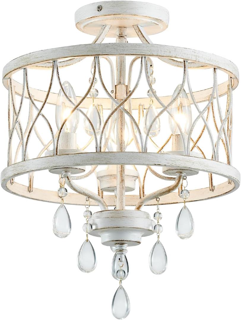 Farmhouse Crystal Ceiling Light Fixture, 3-Light Semi Flush Mount Crystal Chandelier Light Fixture Rustic Vintage White Pendant Ceiling Lamp for Hallway Corridor Kitchen Entryway Bedroom Living Room, 16" High 12.8" Wide