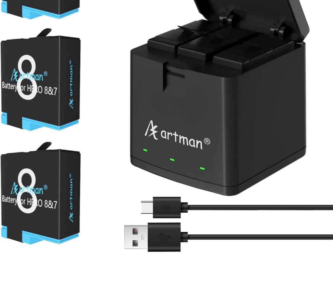 Artman Battery 1500mAh for GoPro Hero 8/7/6/5 Black and 2-Channel LED USB Charger Fully Compatible with GoPro Hero 8 Battery and Charger (2-Pack)