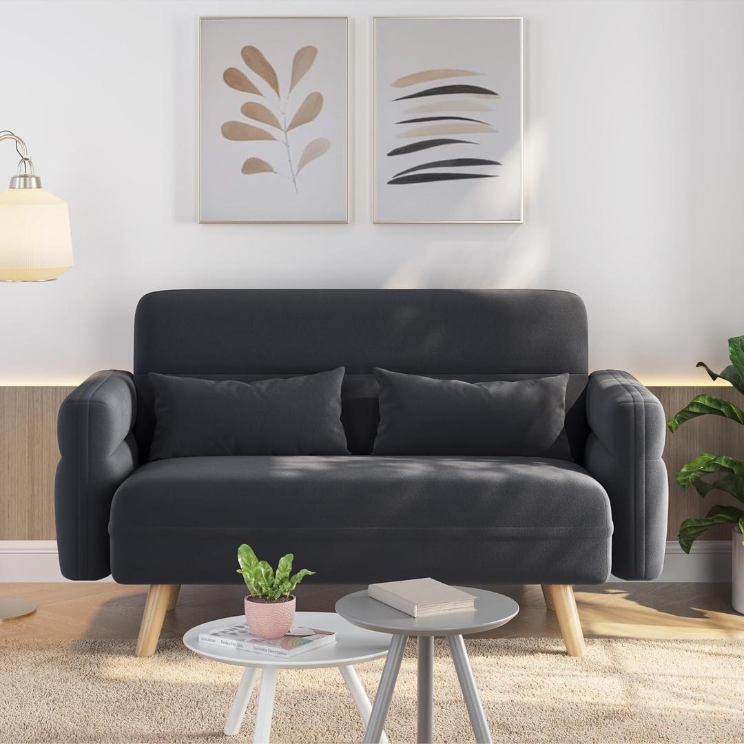 Yaheetech 46" Small Modern Fabric Sofa Loveseat Mid Century 2 Seater Sofa Couch with Lumbar Pillows, Solid Wood Legs for Living Room, Small Space, Dorm, Office, Bedroom, Dark Gray (29 X 46 X 30.5")