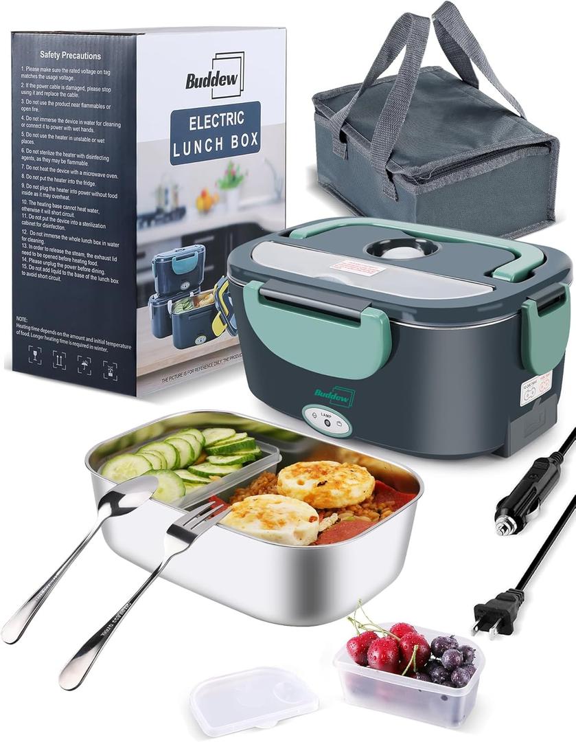 Buddew Electric Heated Lunch Box, 80W Fast Heating, 1.5L Food-Grade 304 Stainless Steel, 12V/24V/110V Portable Food Warmer for Car Truck Office Adults, Lonchera Electrica Portatil (Green)