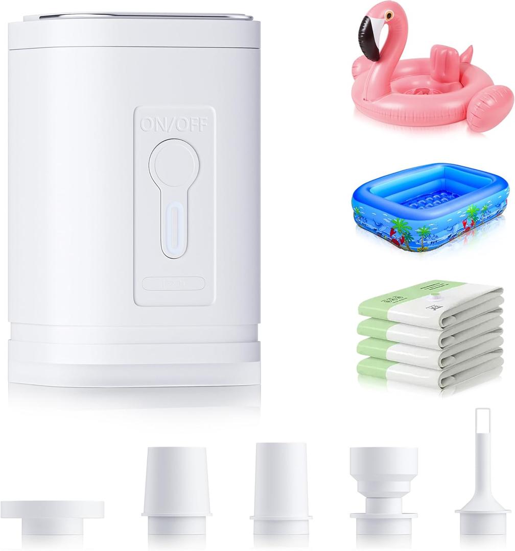 Air Pump for Inflatables Portable Air Pump Electric Mini Tiny with Type C Rechargeable, Quickly Inflate & Deflate for Swimming Ring, Toys, Pool Float, Air Mattress, Deflate Storage Bag (White)