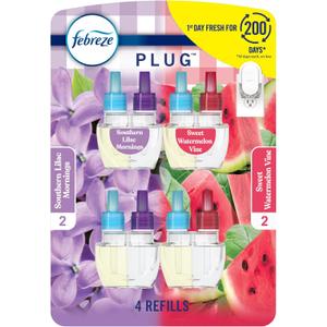 Febreze Odor-Fighting Fade Defy PLUG Air Freshener, Southern Lilac Mornings, Sweet Watermelon Vine, Pack of 4 (2 of Each), .79 fl. oz. Oil Refill