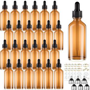 CycleMore 2oz 24 Pack Amber Glass Dropper Bottles with Glass Eye Droppers, LeakProof Travel Bottles with 6 Funnels and 30 Labels for Essential Oils & Lab Chemicals & More Liquids Ideal for Christmas
