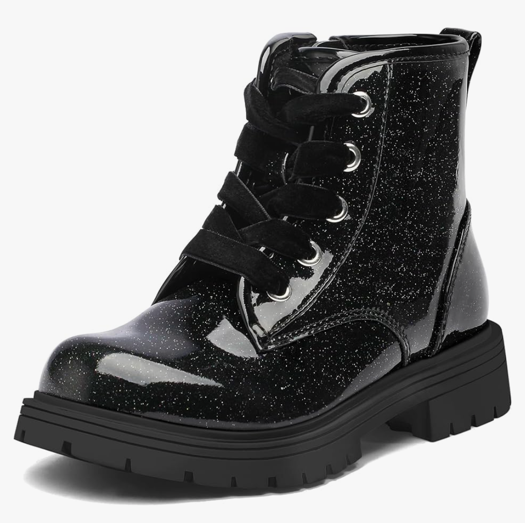 KomForme Girls Glitter Ankle Boots Lace Up Waterproof Combat Shoes With Side Zipper for Toddler/Little Kid/Big Kid, 9" Sole Length