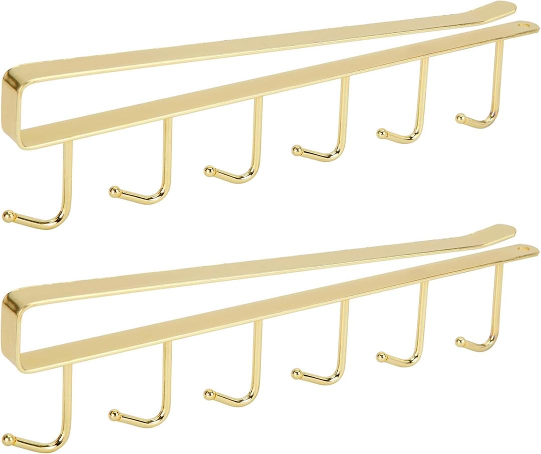 2pcs Mug Organizer for Kitchen Cabinets, Under-Shelf Coffee Cup Mug Rack with 6 Hooks, Fit for 1.1 Inch Thickness Shelf or Less, Suitable for Holder Hanger for Cups/Keys Storage/Scarf. Gold