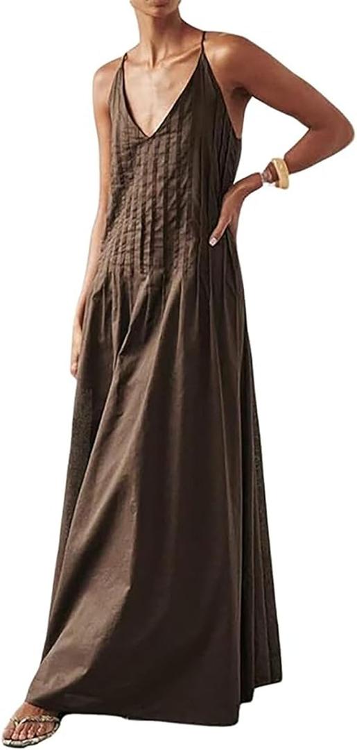 Women Summer Dresses Pleated Maxi Dress Sleeveless Spaghetti Strap V Neck Beach Vacation Long Flowy Sundress, M