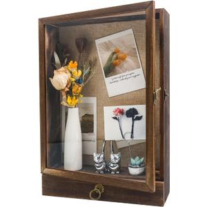 11x16 Deep Shadow Box Frame with Drawer and Soft Line Back, Wooden Display Case Memory Box Real Glass for Keepsakes Collections, Medals, Bouquet Wall or Tabletop (Carbonized Black)