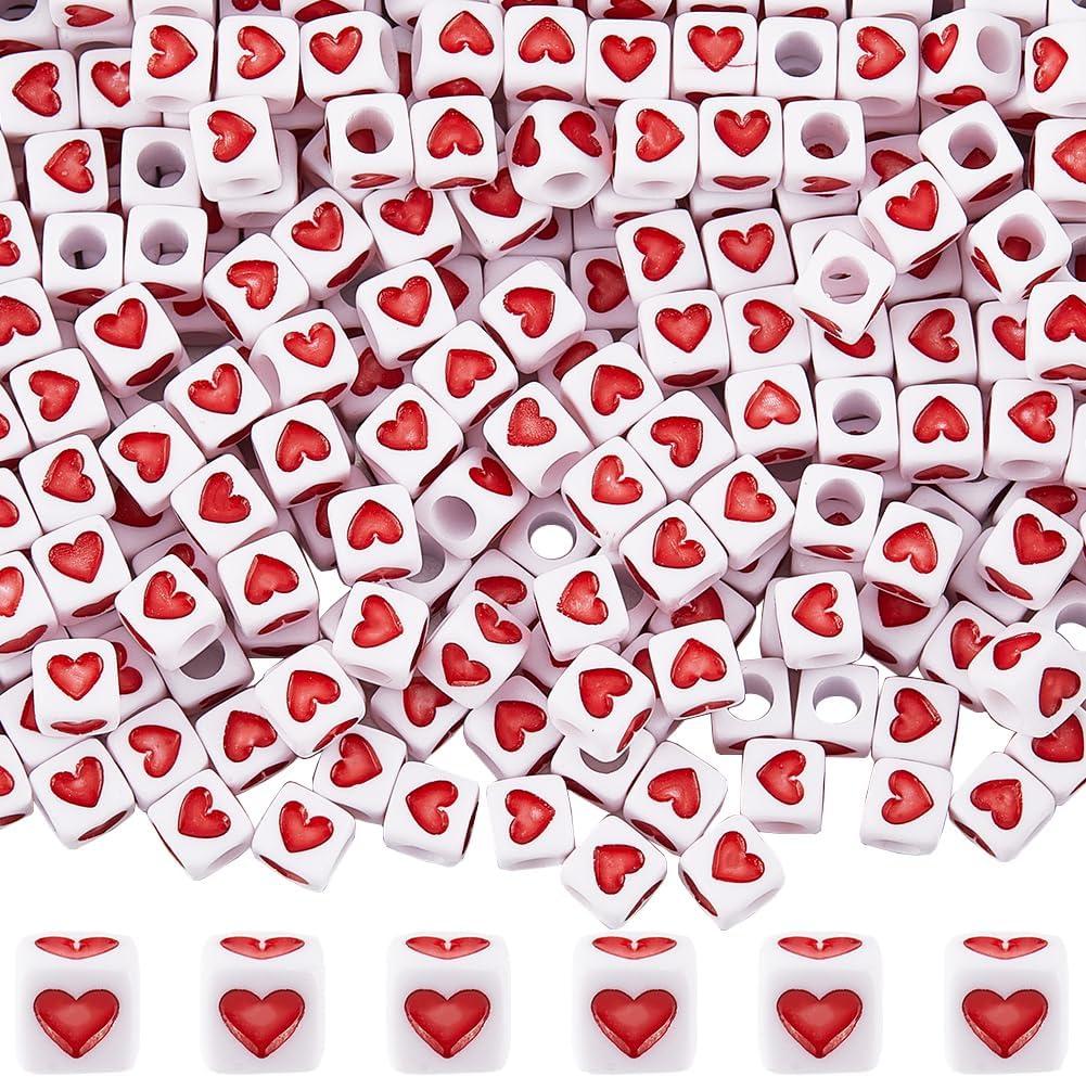 600Pcs Heart Cube Beads Bulk Square Acrylic Bead 7x7mm White Red Love Heart 4mm Large Hole Plastic Pony Beads for Bracelets Making Necklaces Keychains Valentine's Day Jewelry Supplies