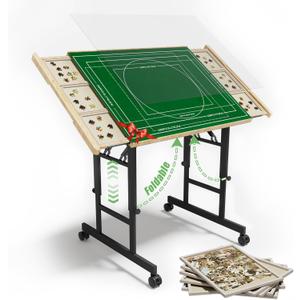 CODACE Puzzle Table with Drawers - 1500 Pieces Folding Puzzle Tables for Adults, Tilting Jigsaw Puzzles Board with Sorting Trays, Table with Adjustable Height Legs and WheelsPresent for Puzzles Lover