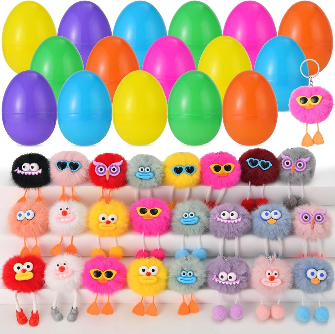 24 Pack Prefilled Easter Eggs with Kids Keychains Plush Toy Cute Keychains for Kid Boys Girls for Easter Egg Fillers, Easter Basket Stuffers Party Favor Gifts