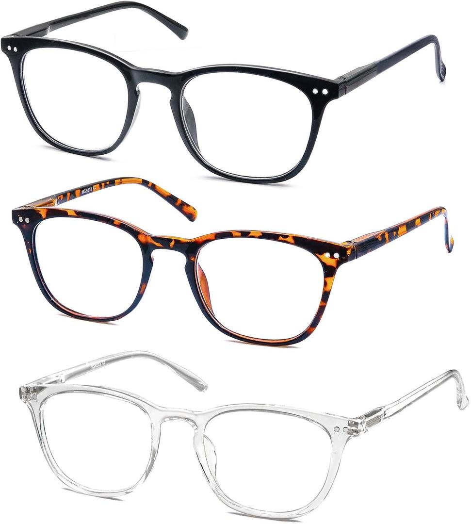 Reading Glasses Women Men Stylish Readers 1.0 Lightweight Reading Cheaters Glasses with Spring Hinges 3 Pack Black/Tortoiseshell/Clear
