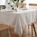 meioro Tablecloth Rectangle Linen Fabric Table Clothes 51x 70 Inch - Dining Room Table Cover, Tassels Table Cloth - Easy Care, Farmhouse Kitchen Tablecloth Indoor Outdoor, All Season. (Beige)