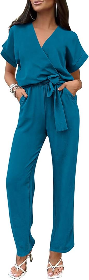 PRETTYGARDEN Women's Short Sleeve V Neck Jumpsuits Summer Long Pants Rompers Business Casual Outfits (Lake Blue, Medium)