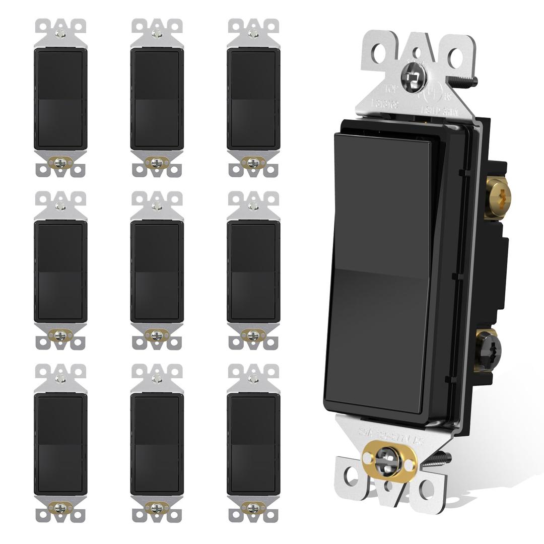 AIDA 3 Way Decorative Light Switch, Electric Switches,15Amp, 120/277 Volt, 3 Way Rocker Switch, Wall Switch Replacement, Self-Grounding, Residential and Commercial Grade, UL Listed (10 Pack, Black)