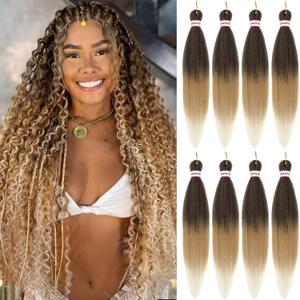 ATRAENTE Prestretched Braiding Hair 18 Inch Ombre Braiding Hair Pre Stretched 8 Packs Hot Water Setting Yaki Texture Hair Braids (4/27/613)