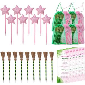 12 Set Princess and Witch Gift Bulk Including 12 Pcs Pink Pentagram Wand Star Ballpoints and 12 Pcs Green Stripes Witch Broom Pens With Organza Bags for Halloween Party Favors Supplies Decorations