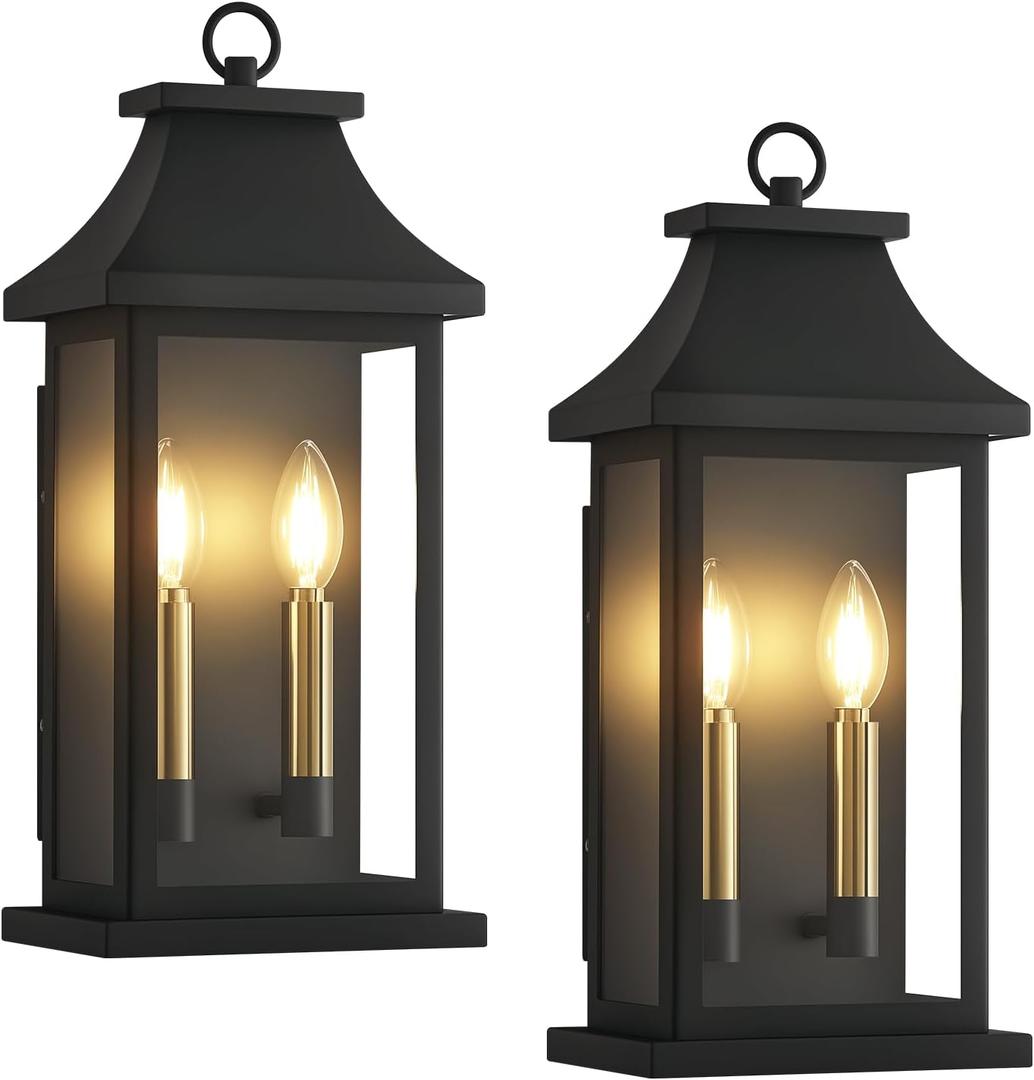 tewei 18'' Outdoor Wall Lights, Porch Light Outdoor Wall Sconce Lantern, 2-Light Black Exterior Lighting Fixture Wall Mount E12 Gold Base, Outside Light for House Backyard Garage, 2-Pack