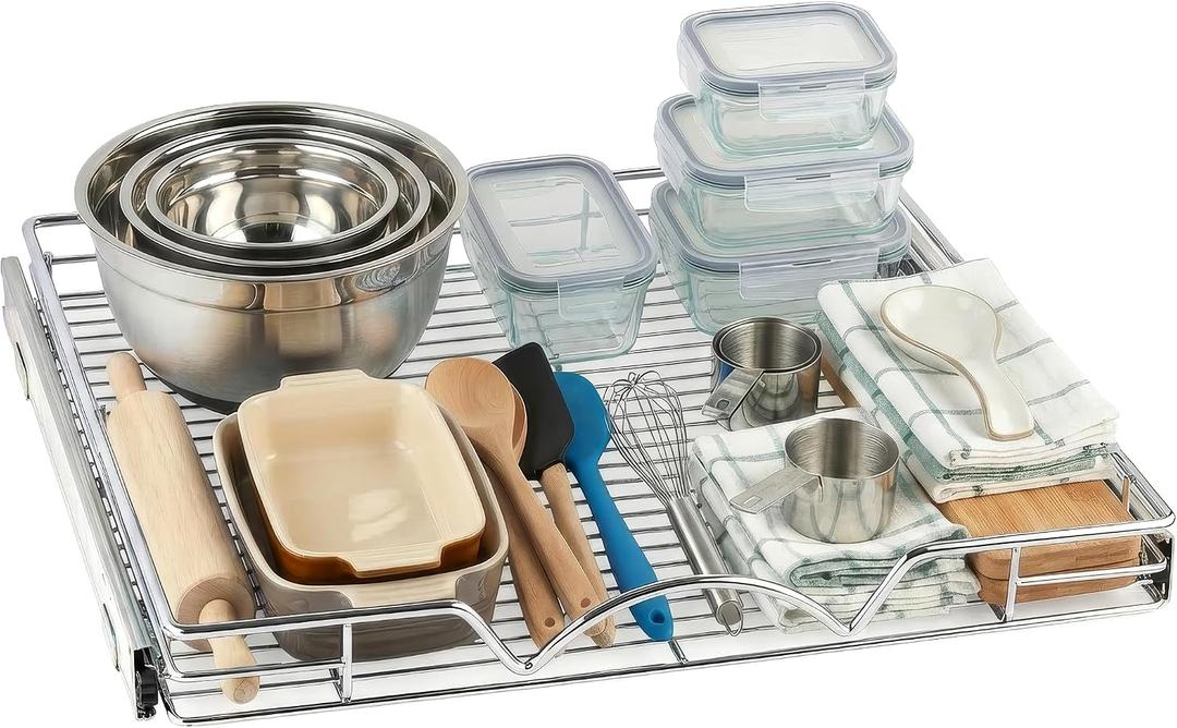 HOLDN STORAGE Pull Out Cabinet Organizer, Heavy Duty Caddy -22W x 21D - Requires At Least 23-1/4 Cabinet Opening, Steel Metal Cabinet Drawers Slide Out, Chrome