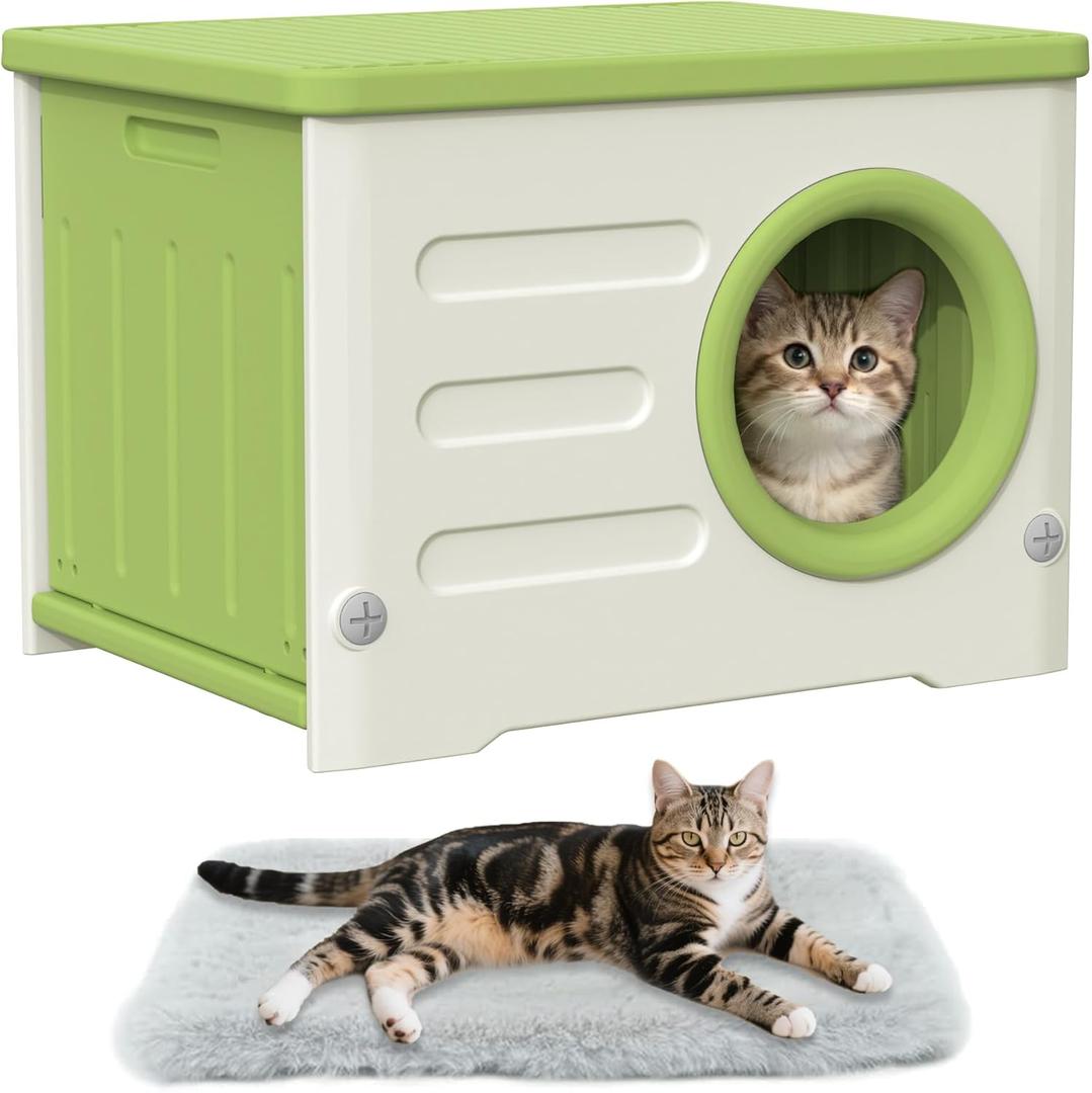 Outdoor Cat House Weatherproof&Insulated,Plastic Waterproof Elevated Cat Shelter Stackable Pet House Cat Wave for Outdoor Indoor Use with Bed CushionGreen
