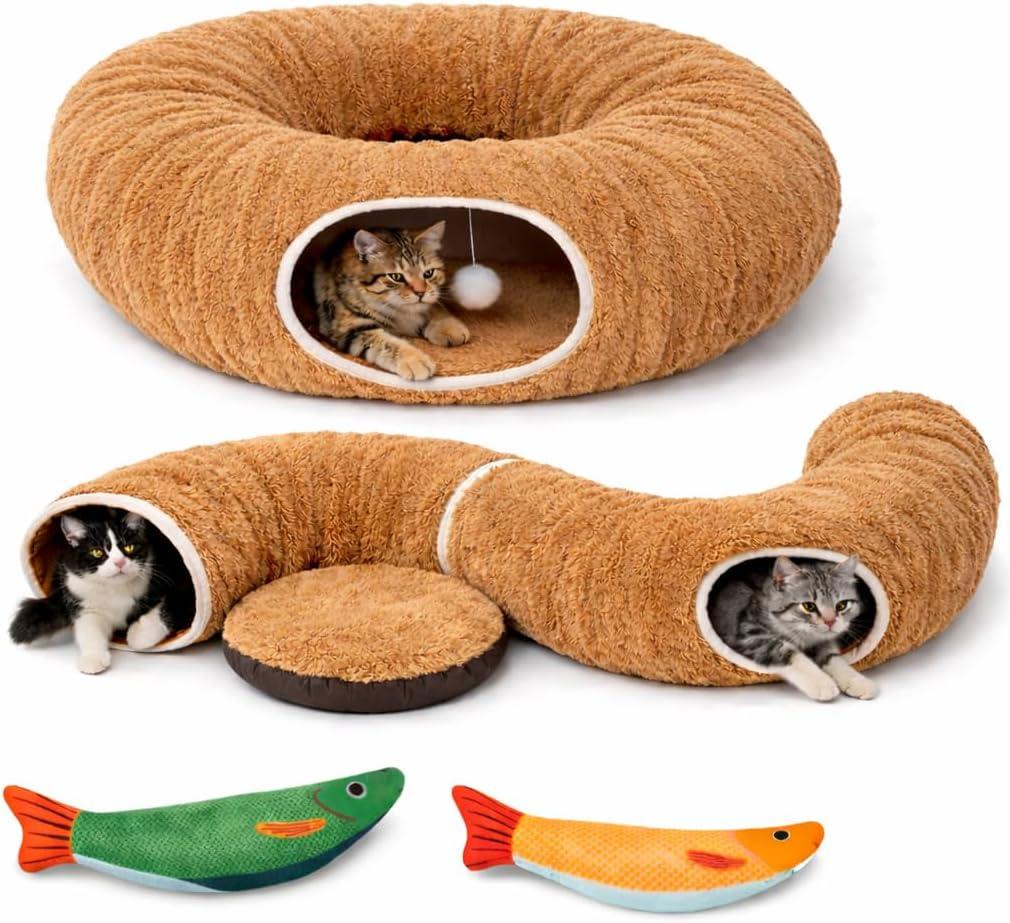 R1M Cat Tunnel Bed with 2 Cat Toys, Collapsible Play Tunnel for Indoor Cats, Kitten Toys for Indoor Kittens, Donut Shaped (Brown)