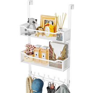 SWTYMIKI Over The Door Hook with 16 Hooks & 2 Mesh Baskets - Heavy Duty Over The Door Organizer Hanger for Towels, Coats, Clothes - Space Saving Hanging Rack for Bathroom, Living Room, White