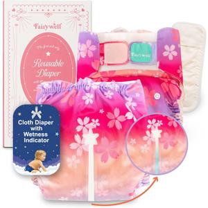 Reusable Cloth Diapers with Wetness Indicator, Swim Diaper, 1 Waterproof Skin Friendly Covers＆Insert One Size Adjustable Washable Diapers for Baby (11-33 pounds, 0-3 Years, Cherry Blossom)