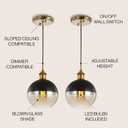 JONATHAN Y 7.5" Brass Gold/Black 1-Light Mid-Century Modern Globe Pendant Light, Adjustable LED Hanging Ceiling Fixture, Champagne Smoked Glass Shade for Kitchen Island (JYL3513A-SET2)