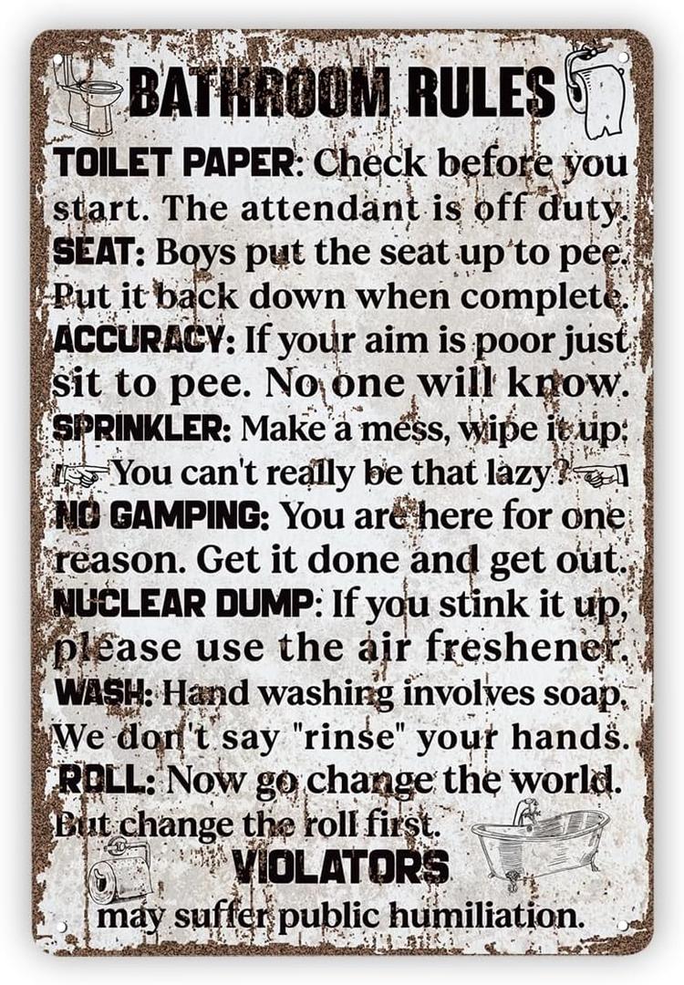 Funny Vintage Metal Tin Signs, Bathroom Rules, Antique Bathroom Decor, Rustic Restroom Art, Potty Humor Metal Tin Signs, Rustic Farmhouse Wall Decor, Housewarming Gift, 11.8 * 7.9Inch
