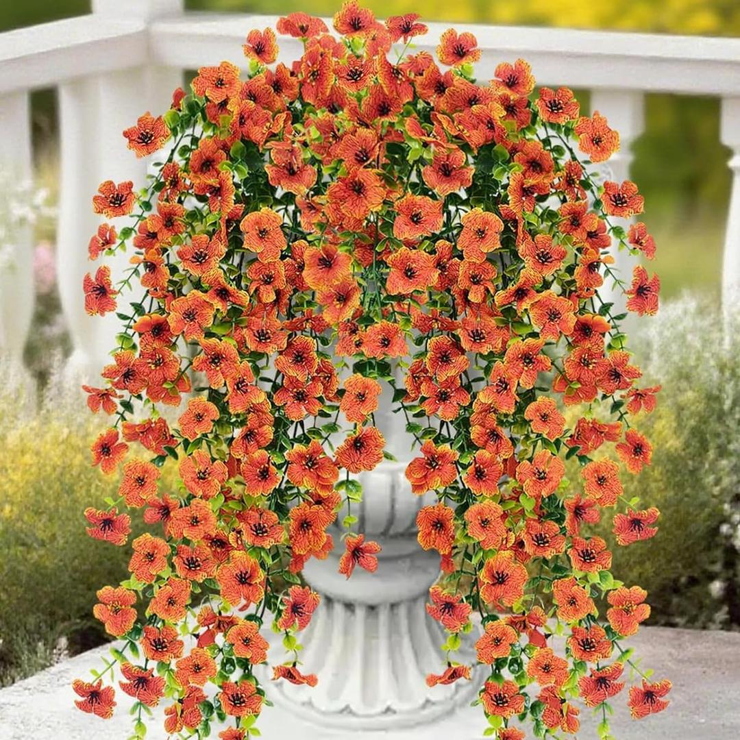 4 Pcs Outdoor Fall Decor, Fall Flowers Artificial For Decoration, Artificial Mums For Outdoors, Fake Mums Faux Mums For Outside Half Sphere, Fake Hanging Plants Plastic Flowers For Outdoors Home Porch (Orange)