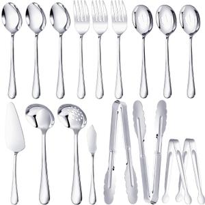 Mwellewm 17Pcs Serving Utensils, Silver Stainless Steel Serving Spoons, Slotted Spoon, Fork, Tongs, Cake Pie Server, Soup Spoon Metal Buffet Banquet Cutlery Set for Parties Entertaining Catering