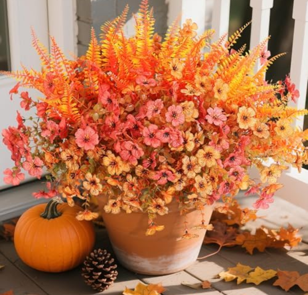 Pack of 3, HyeFlora Artificial Fall Flowers Fake Mums Plants for Outdoors Decoration, 14 Bundles Faux Silk Daisy and Ferns UV Resistant Autumn Fake Planter for Home Porch Patio Yard Window Box