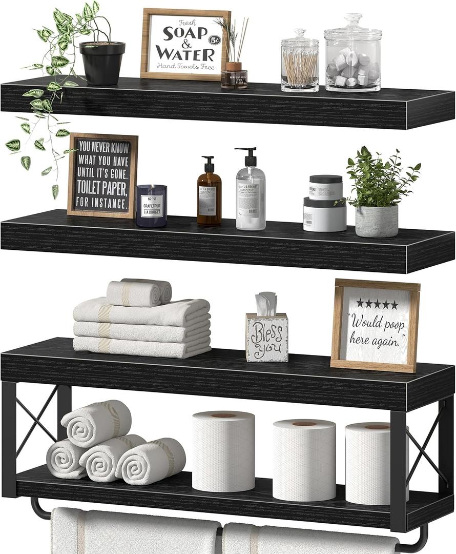 QEEIG Bathroom Shelves Over Toilet (Black, Set of 3, 23.6")