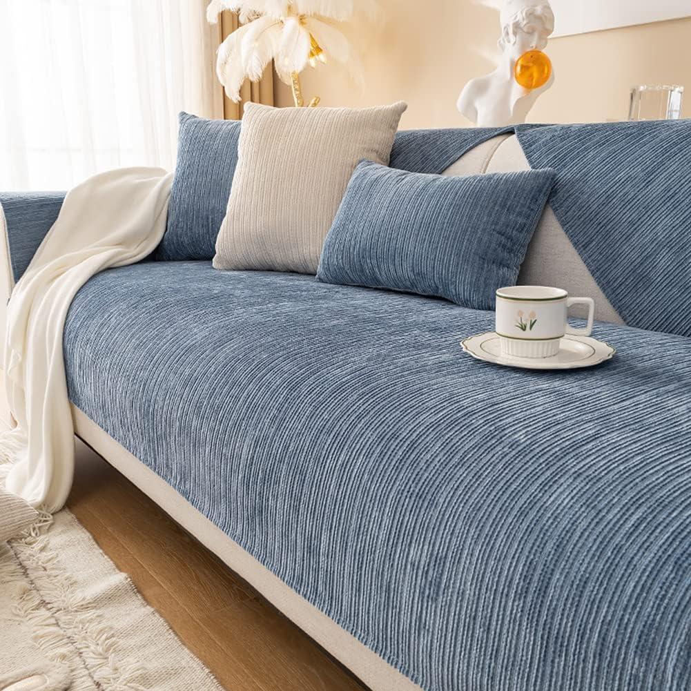 Vctops Soft Chenille Sofa Couch Cover Solid Color Striped Weave Textured Sectional Couch Covers Washable Anti-Slip Sofa Slipcover for Dogs Pet, 1 Piece/Not All Set (Blue,27"x70")